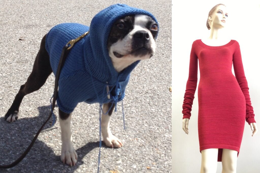 Side by side photos of a dog wearing a blue knitted hoodie and a mannequin wearing a red knitted dress, both made for an Infiniti commercial
