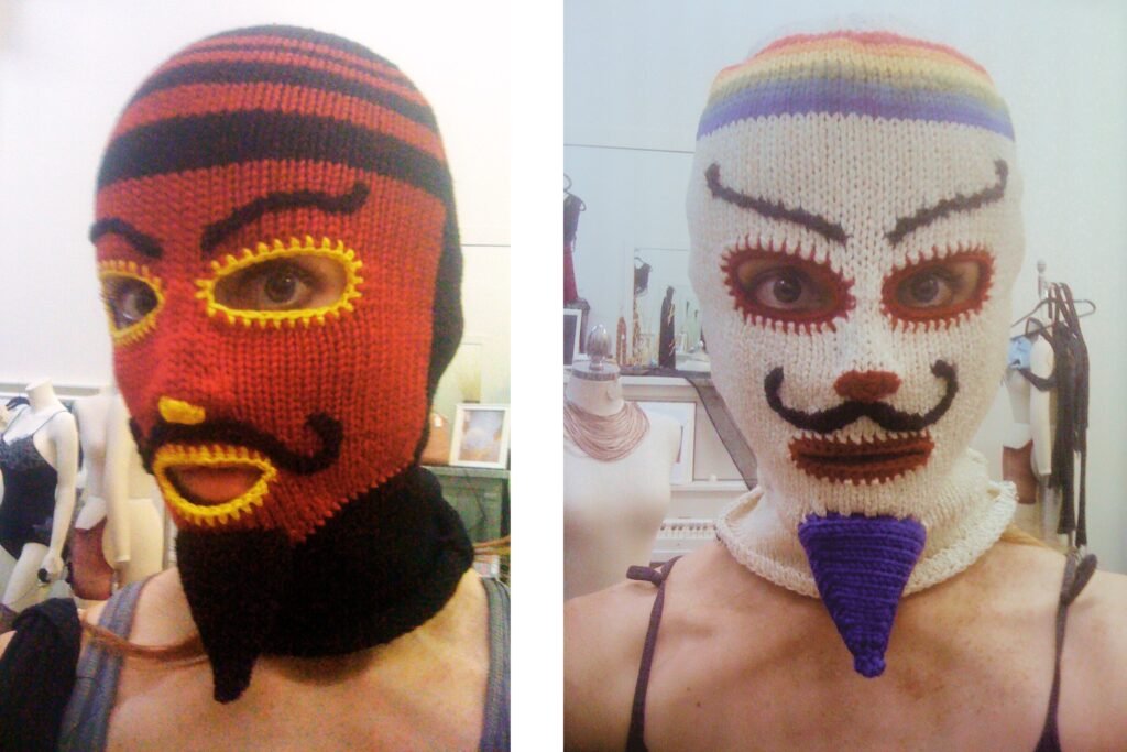 Side by side photo of two knitted masks made for an Axe deodorant commercial