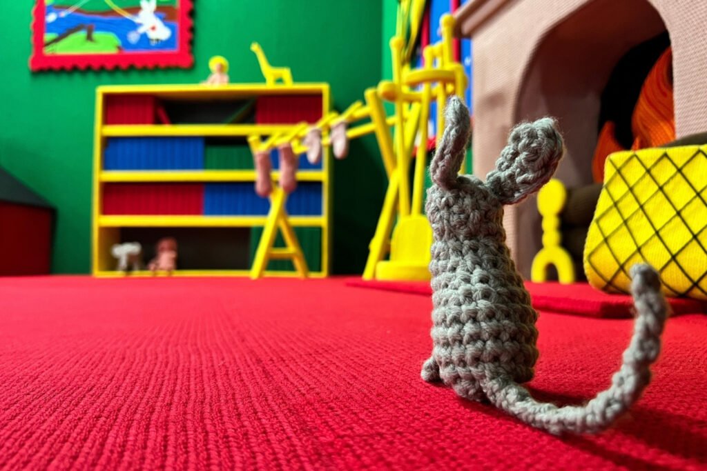 Goodnight Moon - A Fiber Tale installation showing mouse detail and knitted floor